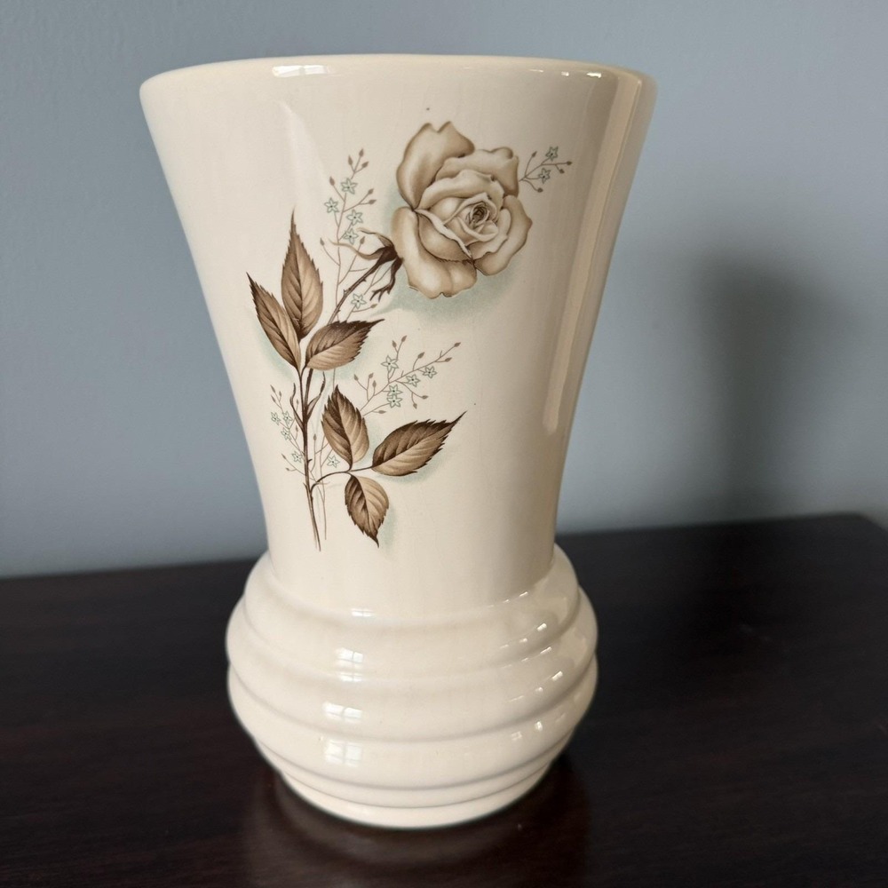 Vintage MCM 1950s McCoy Pottery Ivory Color Vase With Brown Rose 8" Tall